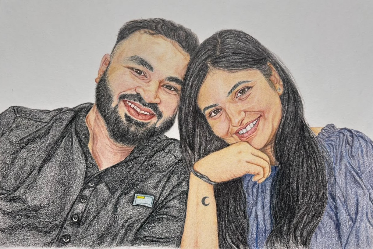 Coloured-Pencil Couple Portrait — original coloured pencil on toned paper by artist Vedangi Trivedi on Vedart