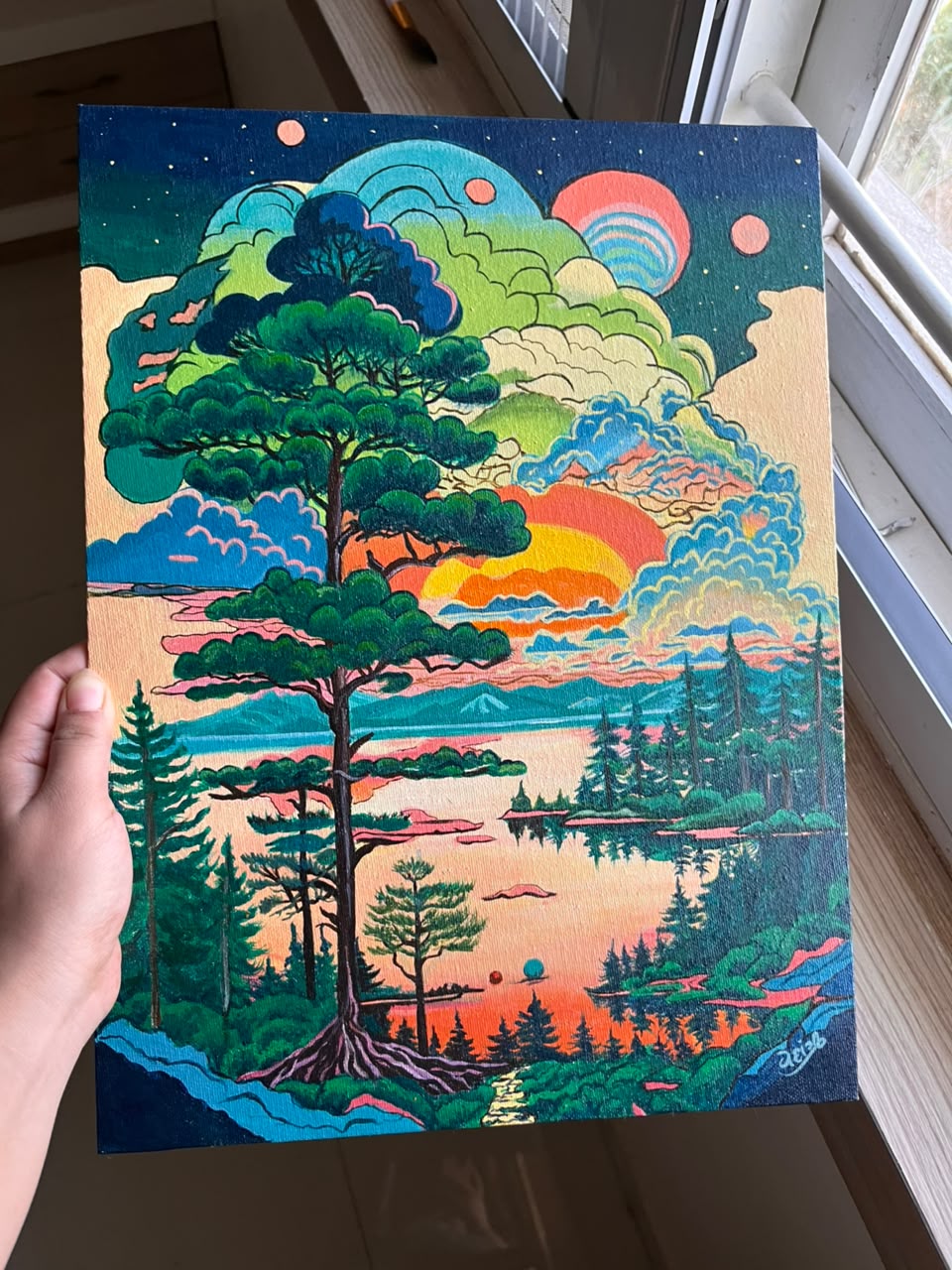 Acrylic Mountain Landscape Sunset — original acrylic on canvas board by artist Vedangi Trivedi on Vedart