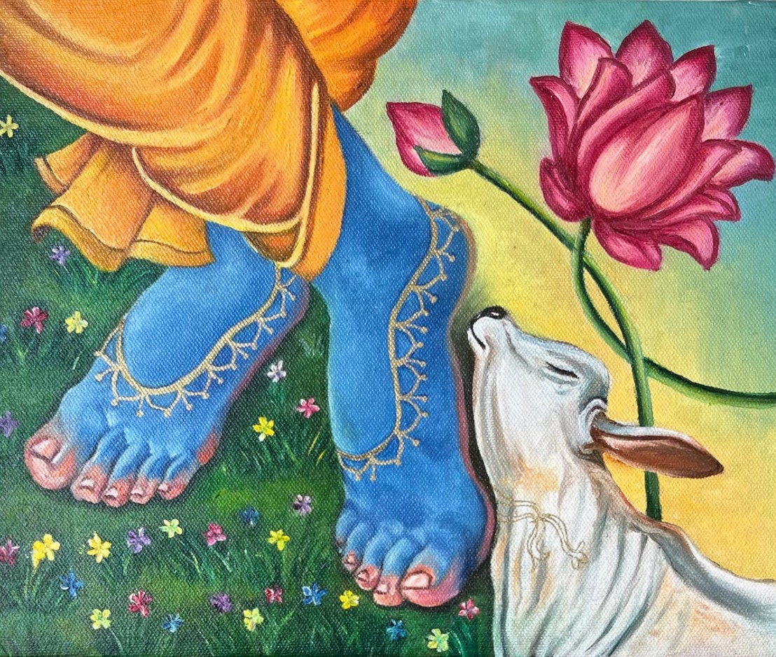 Lotus Feet of Lord Krishna Oil Painting — original oil on stretched canvas by artist Vedangi Trivedi on Vedart (View angle 2)