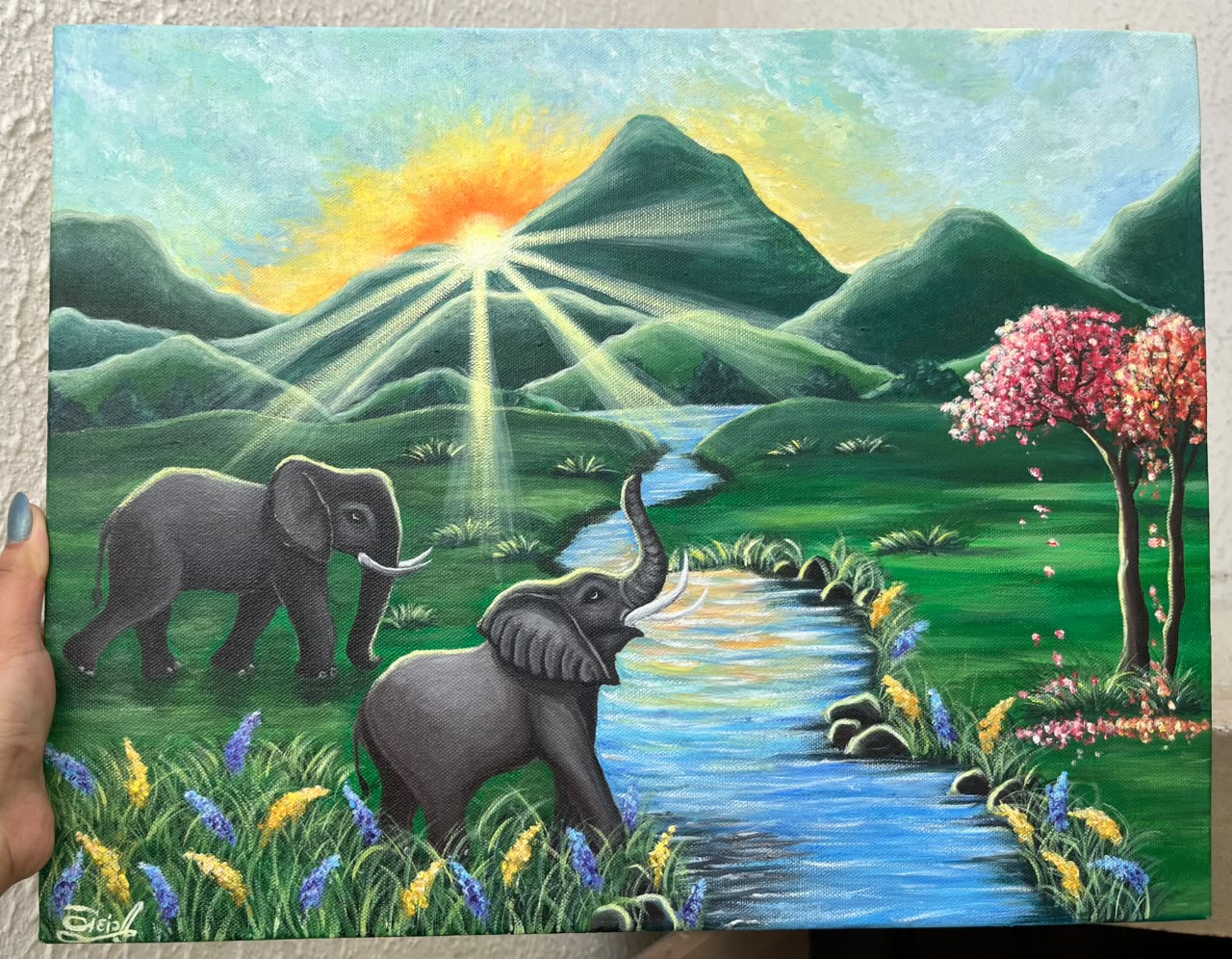 Vastu Elephants & Glowing Sunrise Acrylic Landscape — original acrylic on canvas by artist Vedangi Trivedi on Vedart (View angle 2)