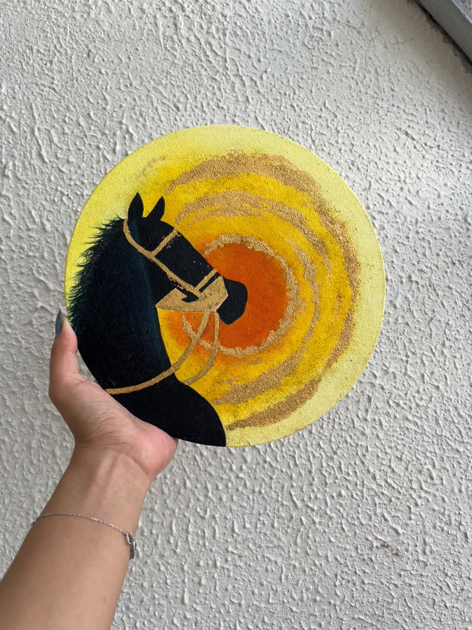 Dark Horse Sunburst Silhouette Painting — original acrylic & gold tones on canvas board by artist Vedangi Trivedi on Vedart