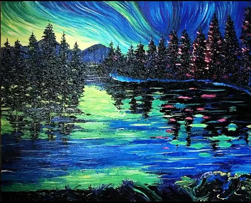 Northern Lights Over Forest Lake Palette Knife Painting — original palette knife oil on textured canvas by artist Vedangi Trivedi on Vedart