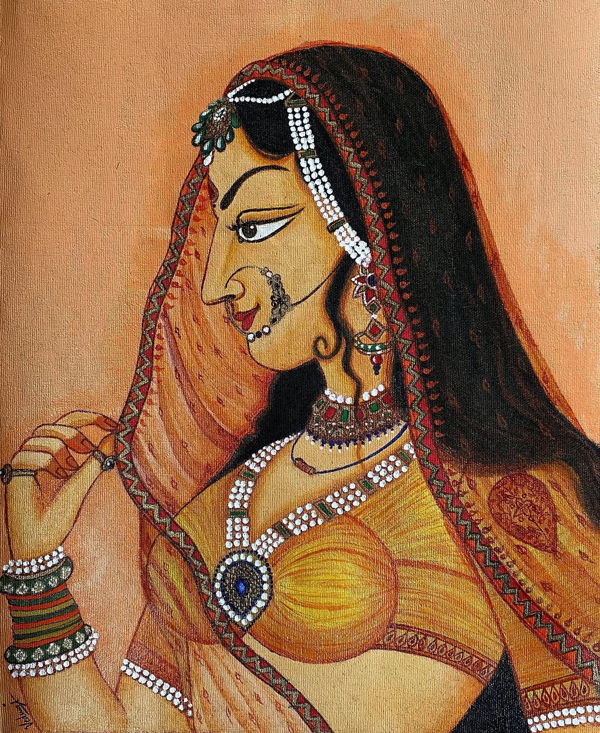 Royal Rajasthani Beauty Hand-Painted Fabric Art — original hand-painted pigment on fabric with jewel detailing by artist Vedangi Trivedi on Vedart (View angle 1)