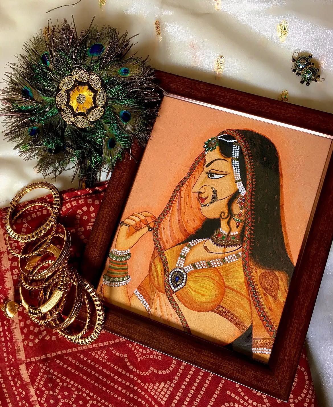 Royal Rajasthani Beauty Hand-Painted Fabric Art — original hand-painted pigment on fabric with jewel detailing by artist Vedangi Trivedi on Vedart (View angle 2)