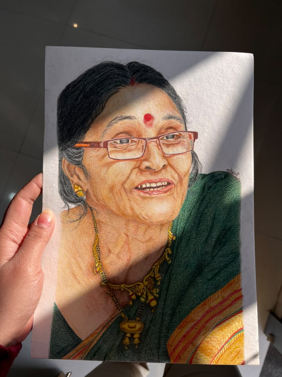 Traditional Attire Coloured-Pencil Portrait — original coloured pencil & mixed highlights by artist Vedangi Trivedi on Vedart (View angle 1)