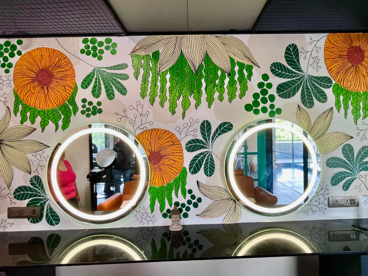 Marigold & Botanical Salon Wall Mural — architectural wall art mural by Vedangi Trivedi on Vedart